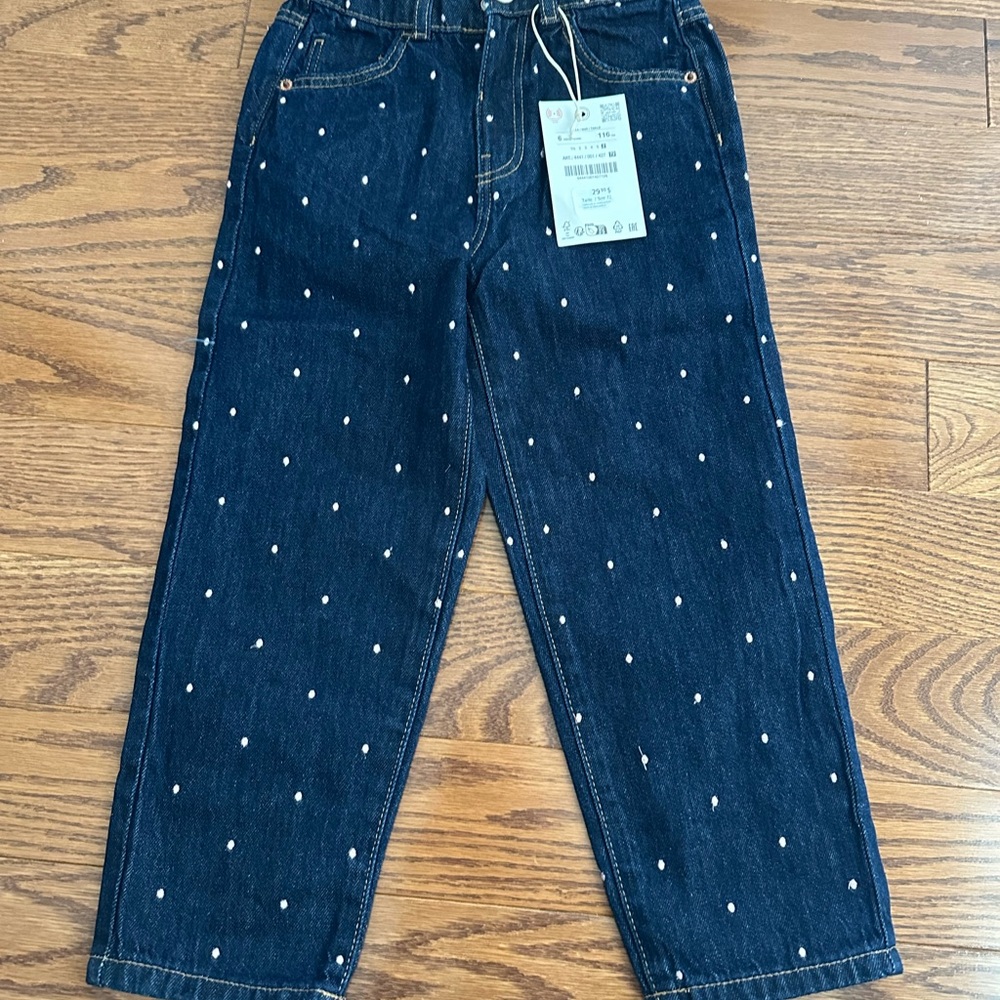 NWT Zara Kids Dark Blue Jeans with pink Polka Dots